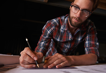 Image showing Man, architect and vision of paper, working and planning for construction. Architecture, building and engineering for infrastructure, design and contractor for career for blueprint and measuring