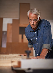 Image showing Carpenter, thinking or checking wood in workshop, design and planning in small business. Furniture, craft and production table with clamp for lumber or timber, sustainable and materials or tools