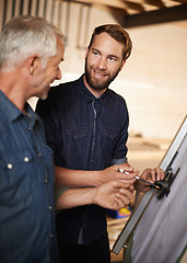 Image showing Architecture, father and son with blueprint for planning project, construction or creative. Engineer, apprentice or happy mentor with design, drawing or smile of men training at workshop for building