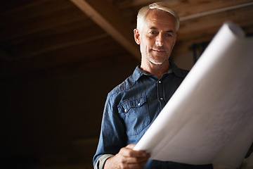 Image showing Thinking, blueprints and man with coffee, engineering and architect with solution and construction. Startup, employee and planning for project with morning tea and development with problem solving