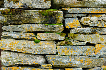 Image showing Time-worn stone wall clad in moss and lichens, a testament to na