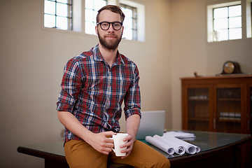 Image showing Portrait, coffee and handyman with blueprint, architect and construction company with real estate. Face, employee and entrepreneur with morning tea or design for a property and engineering with ideas