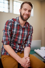 Image showing Portrait, laptop and smile in workplace, architecture and career in construction industry on break. Man, contractor and entrepreneur of startup, small business and blueprint with floor plan on desk