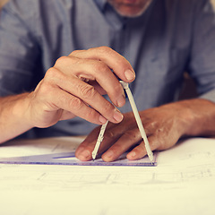 Image showing Hands, compass and triangle for architecture, blueprint drawing for construction with person and stationery. Drawing tools, equipment and closeup of floor plan for property development or renovation