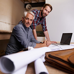 Image showing Portrait, men and architecture with blueprint, laptop and teamwork for property development and carpenter. Face, people and entrepreneur with documents and startup with apprentice, industry or mentor