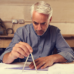 Image showing Senior man, compass and architect drawing blueprint, construction and civil engineering with stationery. Design tools, equipment and closeup of hands with floor plan for property or renovation job