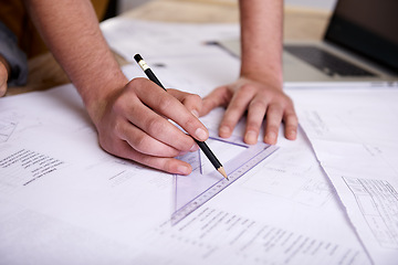 Image showing Hands, triangle and architect person drawing blueprint, construction and civil engineering with stationery. Design tools, paperwork and closeup of floor plan for property development or renovation