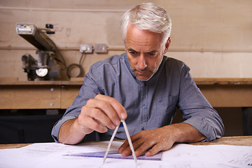 Image showing Mature man, compass and architect drawing blueprint, construction and civil engineering with stationery. Drawing tools, equipment and closeup of hands with floor plan for property or renovation job