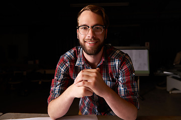 Image showing Portrait, man and architect with smile in workshop with confidence, career and construction industry. Male person, contractor and entrepreneur of startup, small business and paperwork on desk