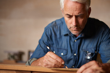 Image showing Mature man, pencil or wood for carpentry, diy and creativity in artistic, design and project. Carpenter, designer or creative tool for person to draw, mark or sketch for technical, repair and hobby