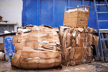 Image showing Garbage, cardboard or box of trash in outdoor for waste management, recycling or rubbish in neighborhood. Community. background, organised of junk material with dump collection, litter or scrap pile