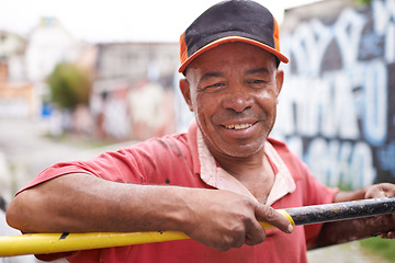 Image showing Garbage, cart or mature man in street for waste management, recycling or rubbish in neighborhood. City, collector or face of happy person thinking of dump collection, litter junk or scrap in Brazil