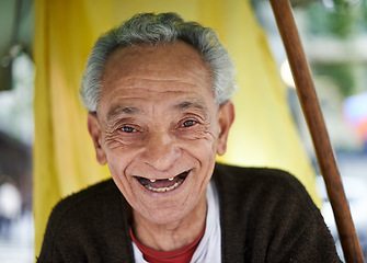 Image showing Face, senior man and happy with laugh in outdoor for joy, retired and smile in street of Mexico. Closeup, male person and enjoy with fun, cheerful to relax for journey, positivity and wellbeing