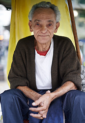 Image showing Relax, outdoor and portrait of an old man in a city for peace in retirement, neighborhood or chair. Sao Paulo, resting and elderly male person in street with poverty, hardship and wisdom in Brazil