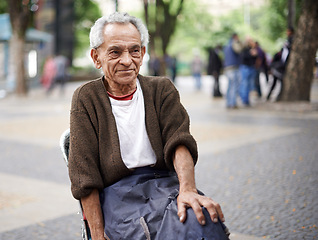 Image showing Relax, thinking or old man in a chair or city for peace in retirement, neighborhood or Sao Paulo. Outdoor, resting and poor elderly male person in street with poverty, hardship and wisdom in Brazil