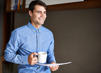 Image showing Happy, documents and business man with coffee in office for ideas, brainstorming and thinking. Corporate consultant, professional and person with drink and paperwork, proposal and project report