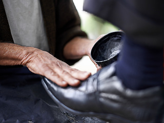 Image showing Hands, repairman and polishing with leather shoes for customer in handcraft, startup business and store. Entrepreneur, shoemaker and service with client for footwear, skills and professional.