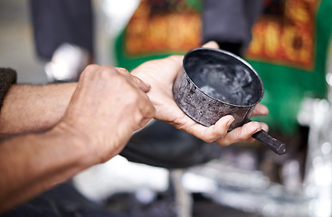 Image showing City, polish or hands of man in cleaning service in street for shine or shoes with wax, trade and job. Closeup, labour and person with container in downtown Sao Paulo for footwear or outdoor help