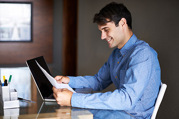Image showing Laptop, documents and business man in office for proposal, project review and company report. Professional, consultant and person with paperwork and computer for information, research and planning