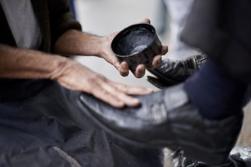 Image showing Hands, repairman and polishing shoes for client in handcraft, startup business and store. Entrepreneur, shoemaker and service with customer for leather footwear, skills and professional in street