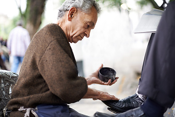 Image showing Shine, shoes or old man in cleaning service on city street for client or customer with polish, trade or job. Cloth, senior or feet of businessman in downtown Sao Paulo for footwear or outdoor help