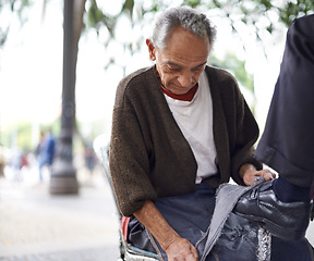 Image showing Shine, shoes or old man in outdoor cleaning service in city for client or customer with polish, trade or job. Cloth, senior or feet of businessman in downtown Sao Paulo for footwear or street help