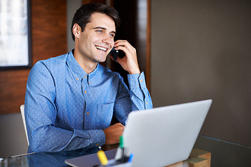 Image showing Happy, phone call and businessman with laptop in office for planning, networking or web communication. Smartphone, conversation or consultant with loan advice, help or online client, faq or feedback