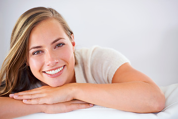 Image showing Happy woman, portrait and smile in home, beauty and couch for relax and mockup space. Face, teeth and confident for skincare and salon treatment, cosmetology and natural cosmetics for Danish model