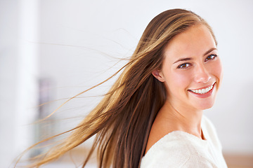Image showing Portrait, woman and mockup for hair care, treatment and growth at beauty parlour, beautician or spa. Female person, smile or hairstyle in salon with hairdo for styling, shampoo or hairdressing