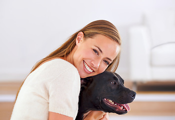 Image showing Portrait, smile and woman with dog on sofa for relax, love and happiness together in living room. Female person, cuddle and puppy on couch for affection, comfort and stress relief by domestic animal