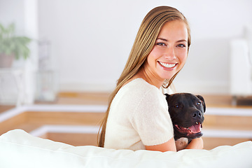 Image showing Woman, portrait and smile with dog for happiness, love and relax together on couch in living room. Female person, cuddle and puppy on sofa for affection, comfort and stress relief by domestic animal