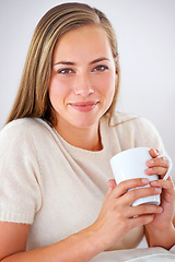 Image showing Woman, relax and happy portrait with green tea in morning for healthy detox and wellness in home. Matcha, drink and girl with a smile from calm break or enjoy beverage from coffee cup in apartment