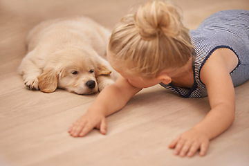 Image showing Child, puppy and hug with rest, floor and pet with love at house. Kid, dog and golden retriever or sleepy labrador with sleeping, bonding and sharing together with tired look and animals or pets