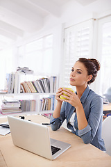 Image showing Woman, laptop and thinking in home coffee, learning and concentration with cup . Freelancer, researching and working on creative project with computer, technology and connectivity for search results