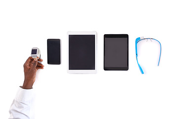 Image showing Device screen, layout or hands in studio for high tech, presentation or digital transformation on white background. Mockup, phone or person with tablet, smart watch or mockup, networking or app