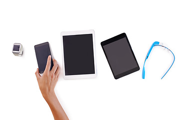 Image showing Tablet, phone and white background for hand, digital and marketing as connecting set for business. Smartphone, display and advertise in studio, select and person for information technology and choose