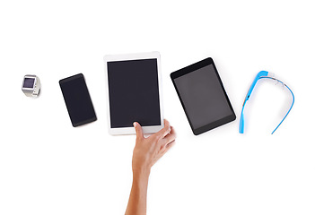 Image showing Tablet, phone and hand for tech, digital and marketing as screen set for business in studio. Glasses, display and advertise in white background, person and choice for information technology