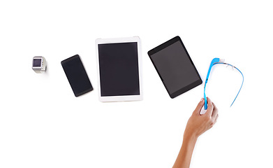 Image showing Tablet, phone and white background for tech, digital and marketing as screen set for business. Person, display and advertise in studio, select and chosen for smart glasses and hand future technology