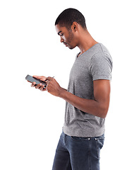 Image showing Digital, pen and black man with phone in studio for art, drawing or online sketch competition on white background. Smartphone, stylus or African male model with app for artistic, design or creativity