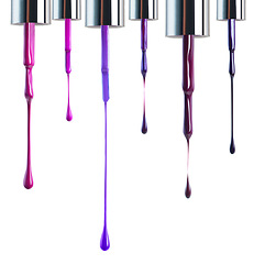 Image showing Nail polish, color and brush on a white background for beauty, cosmetics and salon products. Cosmetology, luxury spa and isolated liquid, drip and purple for manicure, pedicure and pamper in studio