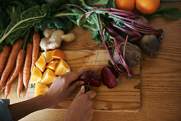 Image showing Closeup, kitchen and hands with woman, vegetables and chopping board with knife, home and diet plan. Person, vegan and chef with food or ingredients for lunch and supper with healthy meal or wellness