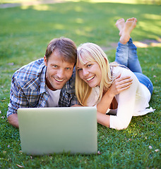 Image showing Love, portrait or happy couple with laptop in nature for social media, video or streaming film outdoor. Computer, face or people online for show search, google it or Netflix and chill in a garden