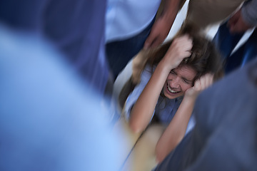 Image showing Fear, woman and crowd for mental health, depression and phobia outdoor in public for panic, stress and anxiety with suicide thought. Young person and scream with bully for cry and helpless frustrated