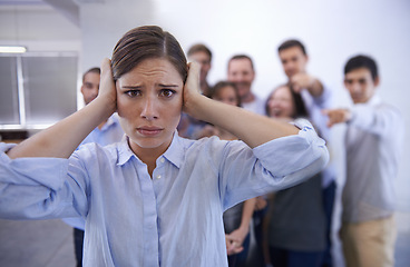 Image showing Business, bullying and portrait of woman with stress in office with harassment, prank or hand pointing mock. Judgment, joke and face of worker with new job judgment, shame or corporate gossip victim