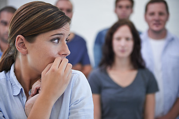 Image showing Business, bullying or woman with biting nails anxiety in office with harassment, conflict or stare. Judgment, stress or lady worker with new job criticism, shame or corporate gossip, rumor or victim