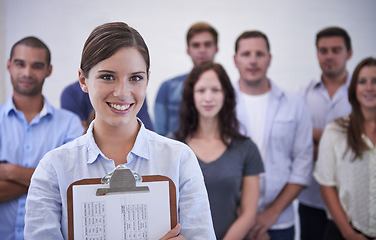 Image showing Business, leadership or woman portrait and clipboard in office with team, support or collaboration. Happy, face or recruiter with documents for compliance, hiring and contract or onboarding process