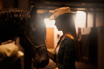 Image showing Cowgirl, friends and woman with horse at barn or stable in Texas for recreation. Western, female person and animal at ranch with pet or stallion for hobby with care for livestock at equestrian farm