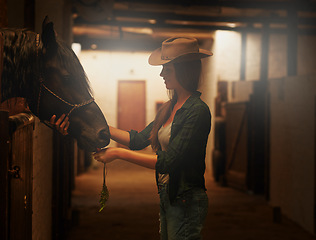 Image showing Cowgirl, smile and woman with horse at stable or barn in Texas for recreation. Western, animal and happy person at a ranch with pet, friendship and stallion for hobby with care at equestrian farm