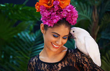 Image showing Jungle, parrot or woman with flowers for beauty, natural cosmetics or wellness in nature aesthetic. Happy, Indian person or model with eco friendly skincare, bird or spring dermatology floral art