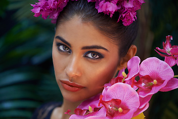 Image showing Jungle, portrait or woman with flowers for skincare, natural beauty or wellness in nature aesthetic. Color, Indian person or face of model with at eco friendly cosmetics, plants or spring floral art